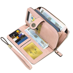 Pink long multi-functional women's leather wallet with phone pocket and wrist strap
