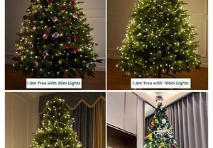 Comparison of 50m and 100m warm LED copper wire lights on a 1.8m Christmas tree