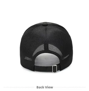 Back view of black mesh baseball cap showing breathable fabric and metal buckle strap