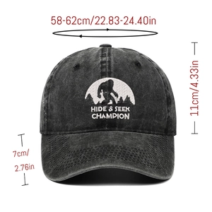 Detail of washed cotton baseball cap with size specs and Bigfoot embroidery motif