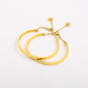 18K gold plated heart charm C-shaped cuff bracelet with fine chain for women