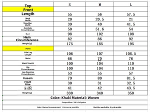 Size chart showing detailed measurements for sleeveless top and pants set in cm
