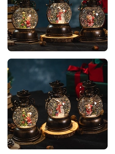 Detail of vintage copper Christmas lantern with glowing LED Santa and swirling snow
