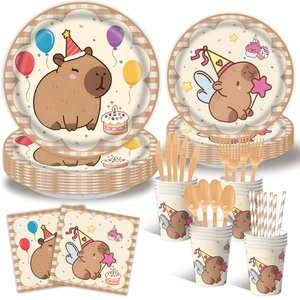Macro display of Capybara party set with paper plates cups napkins and cutlery