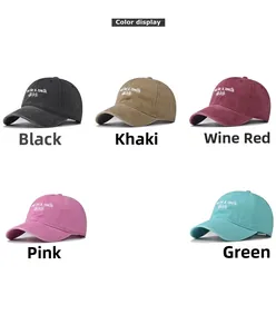 Detailed color display of five washed cotton baseball caps with white embroidery