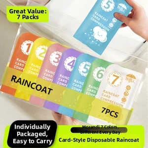 Close-up of 7-piece set of portable disposable raincoats in assorted Morandi colors