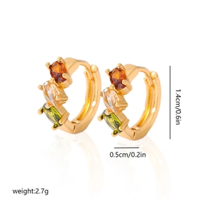 Detail showing colorful zircon gold earrings dimensions 1.4cm height and 2.7g weight