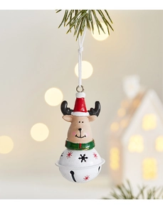 Close-up of reindeer Christmas bell ornament hanging with festive blurred background