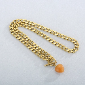 Gold chunky chain OT buckle necklace and bracelet set with orange heart stone charm