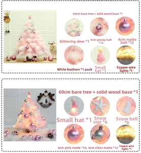 Detail list of 60cm pink mini Christmas tree with feather decorations and LED copper lights
