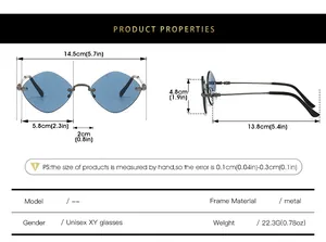 Size chart showing rimless diamond lens sunglasses dimensions and metal frame weight specs