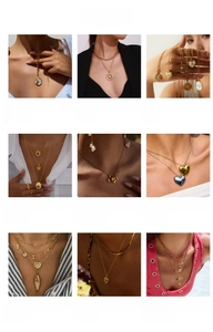 Detailed grid showing diverse stainless steel necklaces with sun, heart and smile pendants