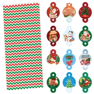 Christmas party paper straws and festive decorative tags with Santa and snowman illustrations