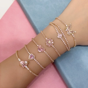 Pink zircon heart and butterfly charm bracelets with gold-plated chains for women