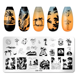Detail of OM-H09 nail plate featuring tropical beach patterns and applied manicure effect