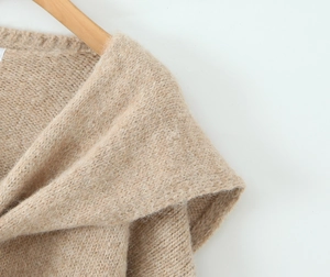 Close-up of khaki chunky knit sweater showing soft mohair texture and premium stitching