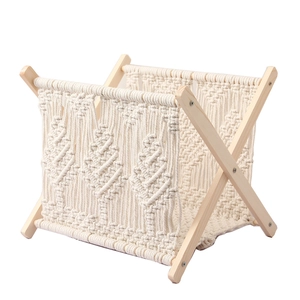 Nordic cotton rope woven magazine rack with a foldable wooden frame in a minimalist style