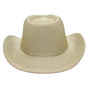 A detailed view of the shimmering gold glitter texture on a stylish western cowboy hat