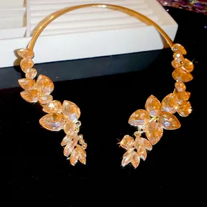 Elegant gold champagne teardrop crystal choker necklace with leaf design for women