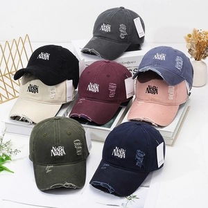 Retro washed denim baseball caps with NABe NARA embroidery and distressed ripped details