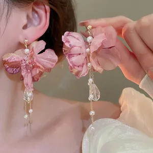 Pink floral tassel earrings with pearls and crystals for a romantic aesthetic look