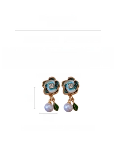Detailed view of floral pearl earrings with dimensions and material specifications