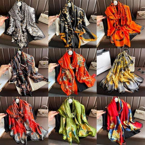 Collage of floral silk scarves in various colors and elegant patterns for women
