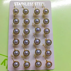 Set of 12 pairs of vintage stainless steel round pearl leverback earrings in gold plating