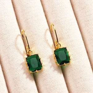Boucles d'oreilles classiques en cuivre plaqué or 18K avec zircone rectangulaire vert émeraude