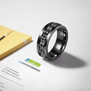 Detail shot of black titanium steel spinner ring featuring a rotating chain design