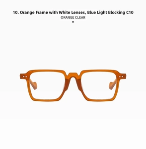 Detailed top view of orange semi-transparent square frames with anti-blue light clear lenses