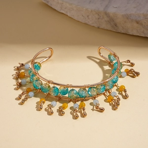 Bohemian multilayer open cuff bracelet with blue cracked beads and gold tassels