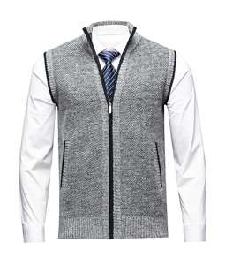 Detail of grey knitted vest with stand collar, zipper closure and side pockets for men