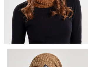 Close-up of thick winter knit texture on the warm caramel brown beanie and scarf set