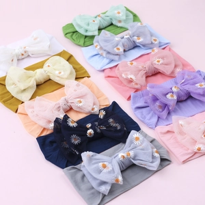 Set of 10 colorful baby nylon headbands with embroidered daisy mesh double layer bows