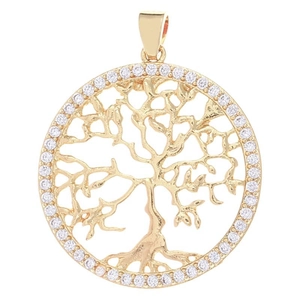 Golden Tree of Life necklace pendant with sparkling zircon crystals and gold plating