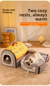 Detail of 2-in-1 convertible pet bed showing semi-enclosed house and open sofa modes