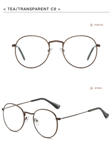 Detail view of oval metal glasses frame in tea transparent finish from two angles