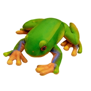 Realistic green tree frog plush toy with red eyes and colorful legs for home decor