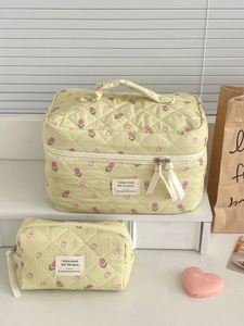 Quilted floral makeup bag set showing large tote and small zipper pouch in green