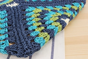 Detail of multi-color woven paper rope bag in blue and green with handmade texture