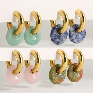 18K gold plated stainless steel hoop earrings with natural stone donut charms