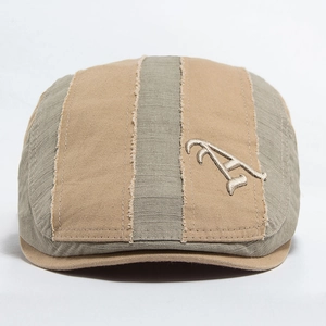 Retro camo cotton beret for men with embroidered letter A in khaki and olive green
