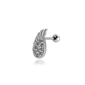 Detail of silver wing stud earring with sparkling zircon stones and screw ball back