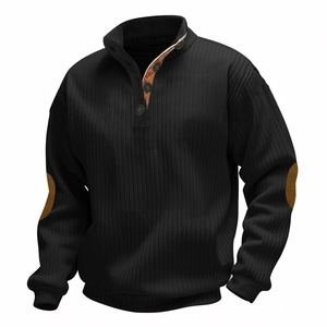 Men's rib-knit pullover with buttoned stand collar and brown elbow patches in black