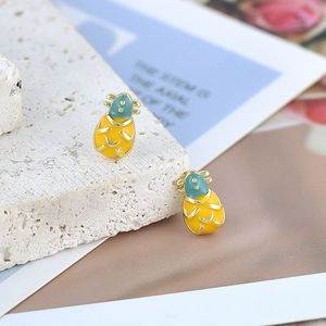Cute S925 silver pineapple stud earrings with yellow enamel finish for women