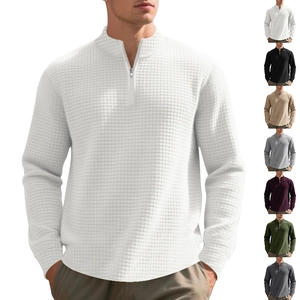 Men Waffle Knit Sweatshirt Quarter Zip Stand Collar Casual Long Sleeve Lightweight Pullover Fashion Top Solid Color