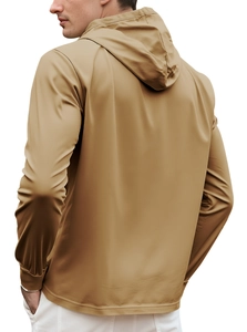 Rear view detail of khaki hooded sweatshirt showing smooth texture and fabric drape