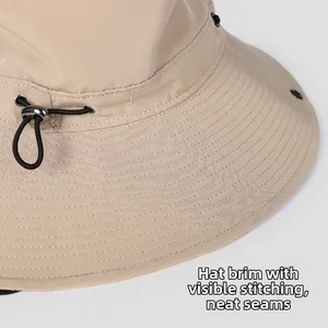 Close-up of the sun hat brim with neat parallel stitching and adjustable drawstring