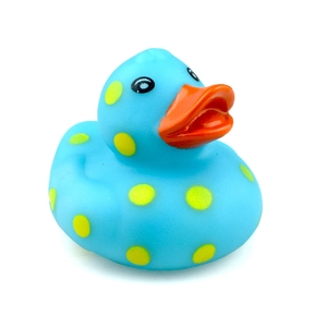 Blue rubber duck bath toy with yellow polka dots and orange beak on white background